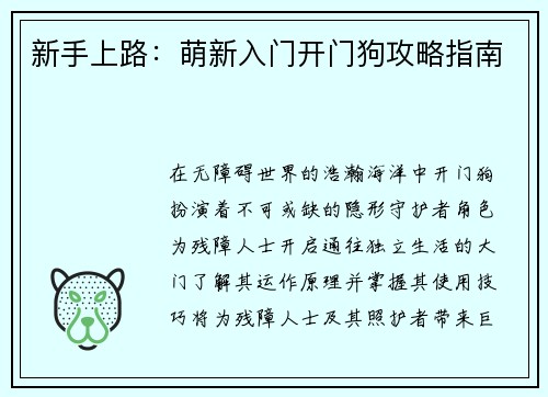 新手上路：萌新入门开门狗攻略指南
